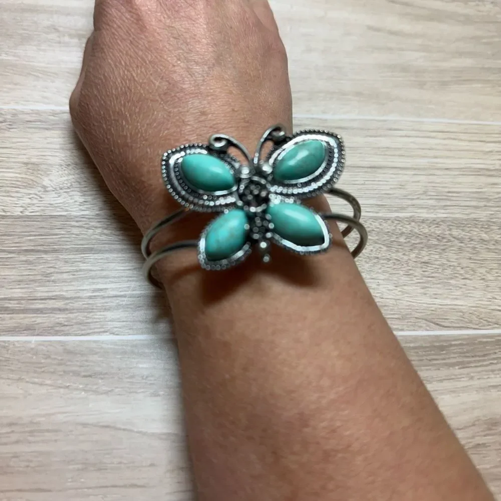 Butterfly Cuff Bracelet Silver Tone Turquoise Stones Boho Western Jewelry